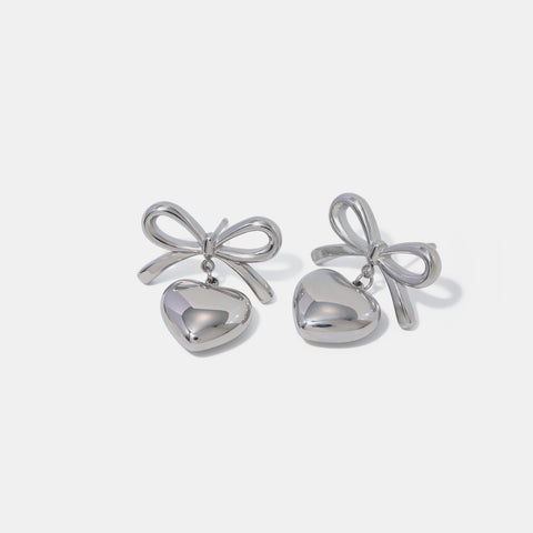 Stainless Steel Bow & Heart Drop Earrings