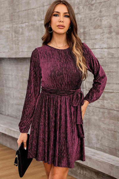 Round Neck Tie Front Long Sleeve Dress