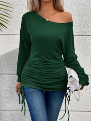 Ruched Single Shoulder Long Sleeve T-Shirt