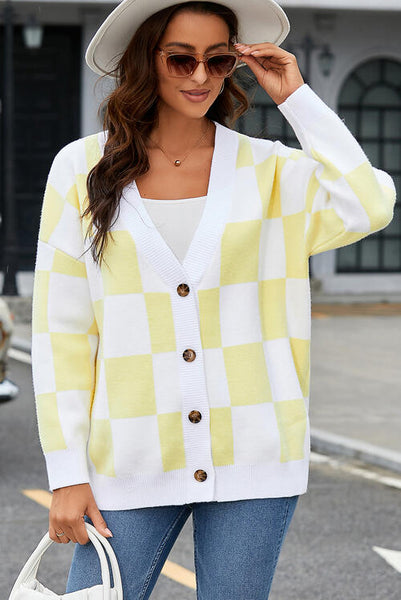 Checkered Button-Up Dropped Shoulder Cardigan