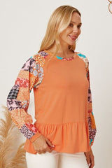 Printed Round Neck Peplum Blouse