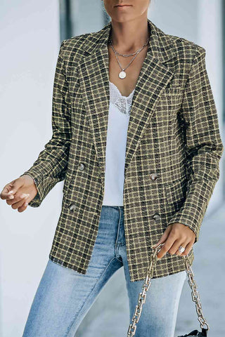 Plaid Double-Breasted Long Sleeve Blazer