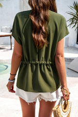 Notched Buttoned Tie Waist Blouse