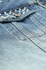 Pearl Detail Distressed Button Up Denim Jacket