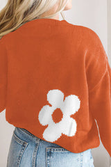 Round Neck Floral Pattern Color Contrast  Design Long Sleeve Sweater