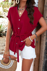 Notched Buttoned Tie Waist Blouse
